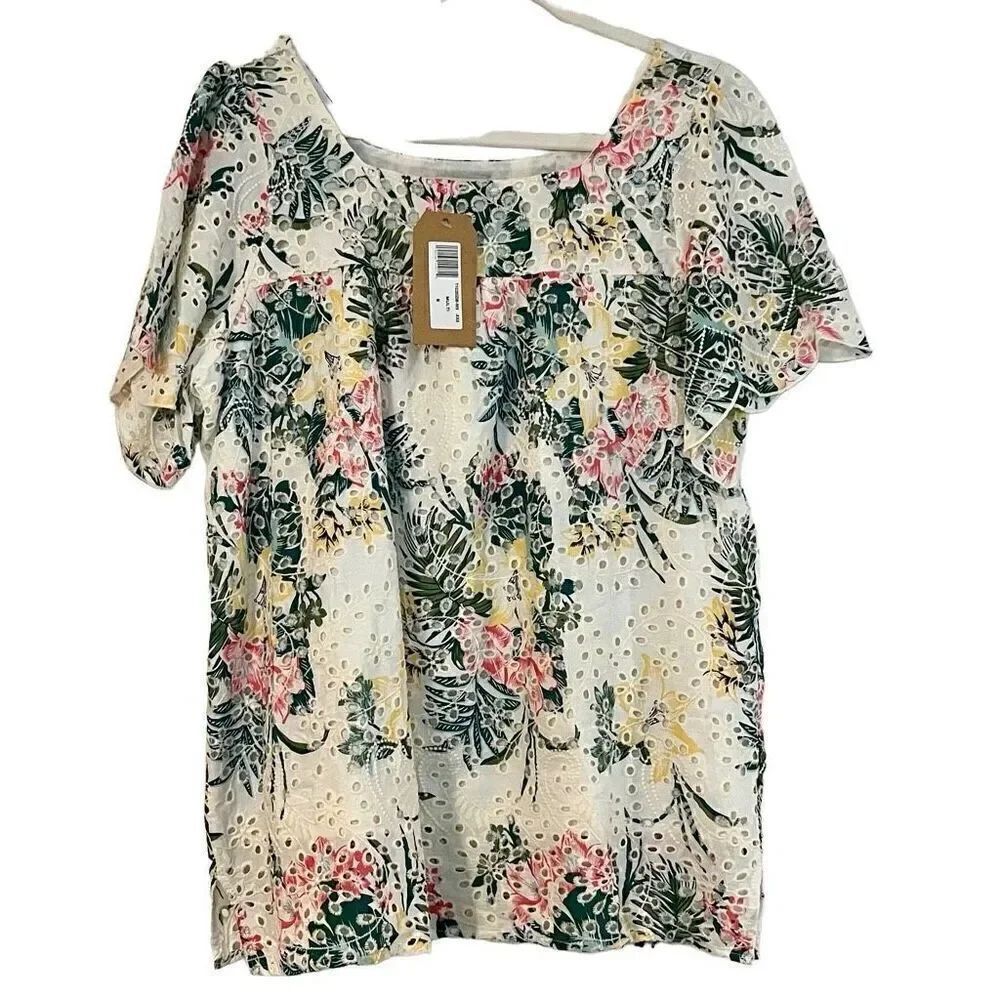 NWT Tru Luxe Jeans Multicolor Floral Eyelets Short Sleeve Blouse Medium